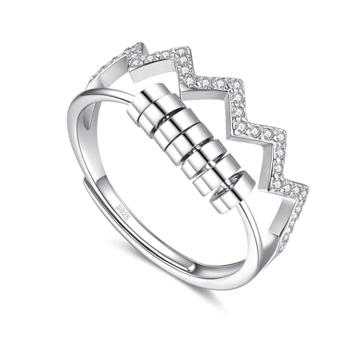 Glintara Silber Anxiety Rings, 925 Sterling Silber Angst Ring, Offen Einstellbar Anti Stress Ring, Wellen Spinner Fidget Ring mit Perlen Zirkon, Verstellbar Anti Stressrings für Anxiety Damen Mädchen von Glintara