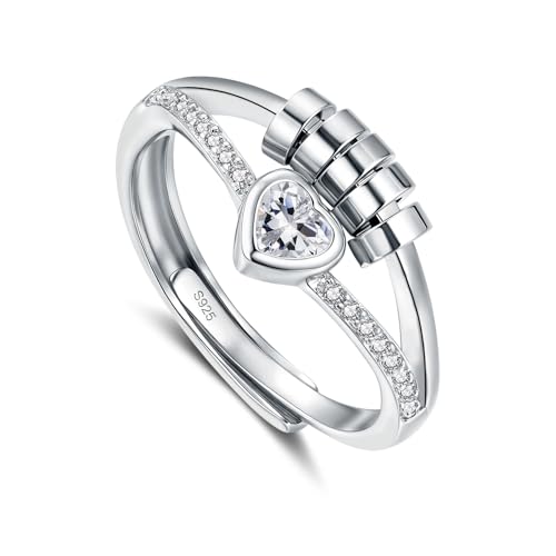 Glintara Silber Anxiety Rings, Silber 925 Angst Ring mit Herz Zirkonia, Offen Verstellbar Anti Stress Ringe, Spinner Fidget Ring mit Spinning Perlen, Dekompressionsring für Anxiety Damen Mädchen Mann von Glintara