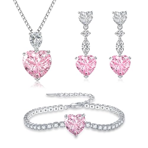 Glintara Silber Schmucksets für Damen, 925 Sterling Silber Halskette Ohrringe Armband Set, Herz Schmuck Set mit Rosa Zirkonia, 3PCS Anhänger mit 45cm Kette & Hängeohrringe & Armkette für Mädchen von Glintara