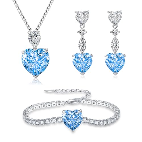 Glintara Silber Schmucksets für Damen, 925 Sterling Silber Halskette Ohrringe Armband Set mit Aquamarin Zirkonia, Herz Schmuck Set - Anhänger mit 45cm Kette & Hängeohrringe & Armkette mit Geschenkbox von Glintara