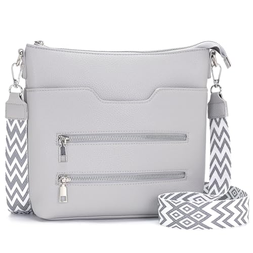 Glintify umhängetasche damen mittelgroß Hellgrau handtasche damen mittelgroß crossbody bag Veganes Leder mit Verstellbar Abnehmbar Breiter Gurt von Glintify