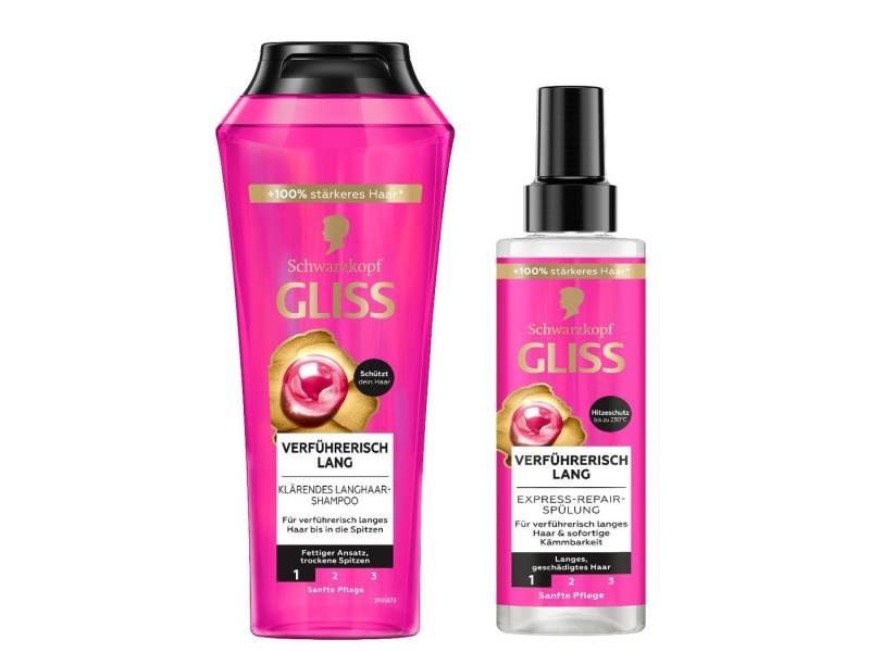 Gliss Haarshampoo Verführerisch Lang 250ml & Express-Repair-Spülung 200ml, 2-tlg., Pflegeshampoo, Pflegespülung, Hitzeschutz, Sprüh-Spülung von Gliss