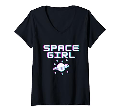 Damen Lunar Feministische Astrologie Planeten Sterne Astronaut Space Girl T-Shirt mit V-Ausschnitt von Glitch Art Space Girl Designs