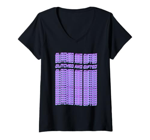 Damen Glitched and Gifted Techy Typografie Repeats T-Shirt mit V-Ausschnitt Damen Glitched and Gifted Techy Typografie Repeats T-Shirt mit V-Ausschnitt von Glitch Genius Co