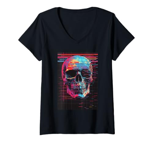 Damen Digitaler Totenkopf T-Shirt mit V-Ausschnitt Damen Digitaler Totenkopf T-Shirt mit V-Ausschnitt von Glitch Theory Studio