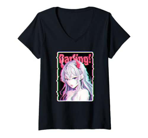 Damen Liebster Anime Glitch Devil Horns Retro-Manga Vaporwave Girl T-Shirt mit V-Ausschnitt Damen Liebster Anime Glitch Devil Horns Retro-Manga Vaporwave Girl T-Shirt mit V-Ausschnitt von GlitchBabe