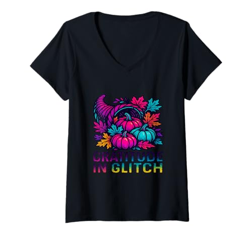 Damen Glitchcore Thanksgiving-Kürbisse Und Herbstblätter T-Shirt mit V-Ausschnitt Damen Glitchcore Thanksgiving-Kürbisse Und Herbstblätter T-Shirt mit V-Ausschnitt von Glitchcore Erntedank-Kornukopie