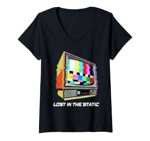 Damen Lost In The Static Retro-TV-Glitch-Art T-Shirt mit V-Ausschnitt Damen Lost In The Static Retro-TV-Glitch-Art T-Shirt mit V-Ausschnitt von Glitchwave Clothing