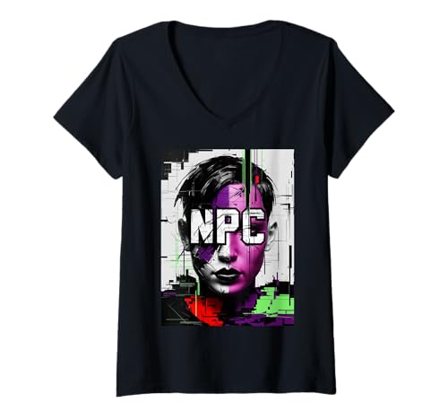 Damen NPC Glitch Dystopian Gamer Abstrakte Kunst T-Shirt mit V-Ausschnitt Damen NPC Glitch Dystopian Gamer Abstrakte Kunst T-Shirt mit V-Ausschnitt von Glitchwear Studios