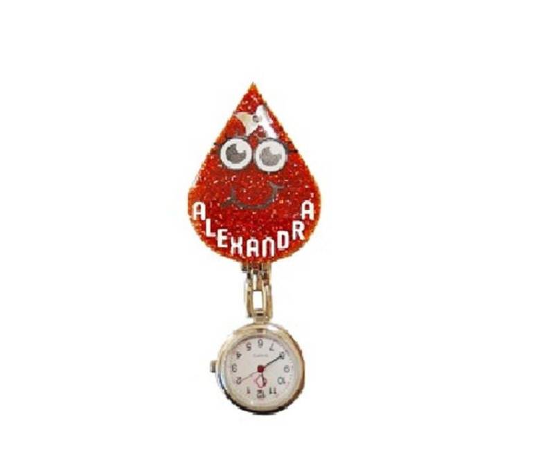 Personalisierte Krankenschwester Tunika Uhr Rot Glitter Blutstropfen Phlebotomist Cartoon Clip Auf Brosche Maßanfertigungen Bluttest Lustiger Smiley von GlitterBadgesUK