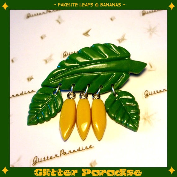 Fakelite Bananen & Blätter - Brosche Vintage Replika 40Er 50Er Jahre Neuheit Geschnitztes Bakelit Glitter Paradise® von GlitterParadise