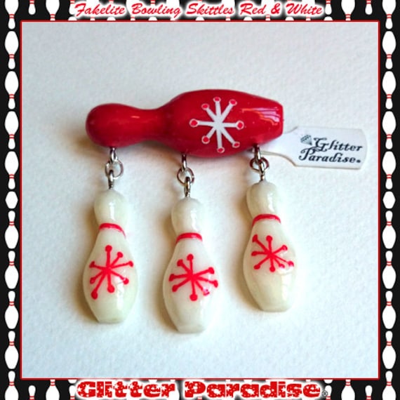 Fakelite Bowling Kegel Rot & Weiß - Brosche Retro Vintage Schmuck 1950S Glitter Paradise® von GlitterParadise