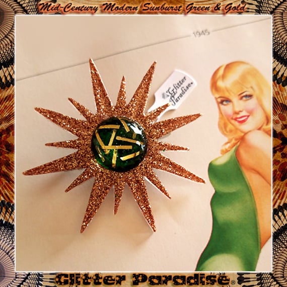 Mid-Century Modern Sunburst Gold Und Grün - Brosche Sternbrosche Sonnenbrosche 1950 Spiegel Starburst Glitter Paradise® von GlitterParadise