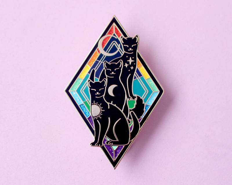 Regenbogenkatzen-Trio-Emaille-Pin; Schwarze Katze Jugendstil Anstecknadel Himmelskatze von GlitterPunkJewellery