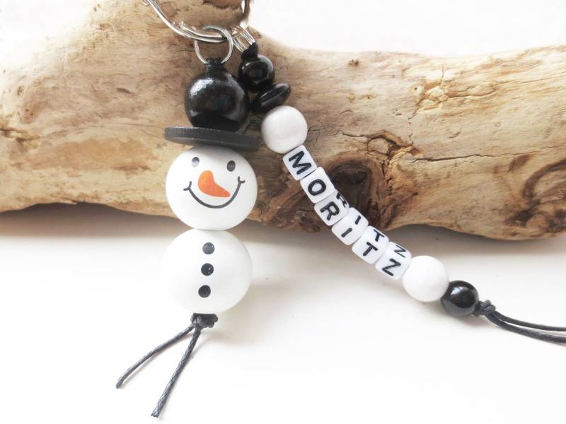 Schneemann Schlüsselanhänger, Taschenanhänger, Glücksbringer, Holzperlen, Personalisierbar, Wunschname, Rucksackanhänger, Winter, Schnee von GlitzerfeinDE