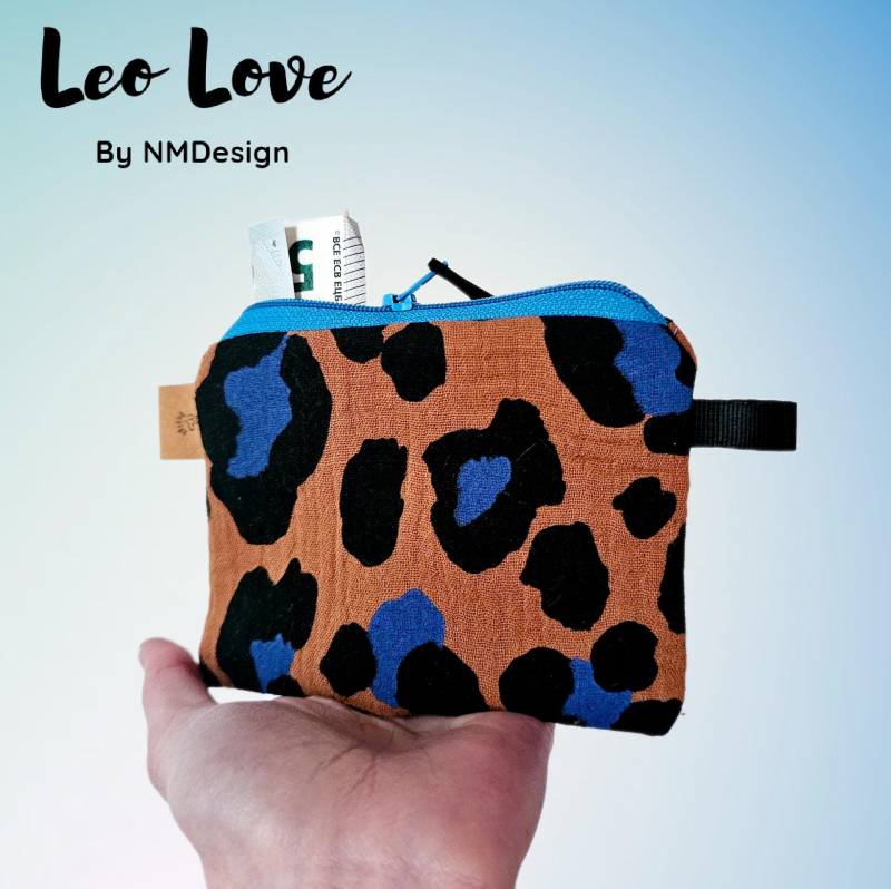 Leo Geldbörse/Schlüsseltasche, Kosmetiktasche Musselin, Schminktasche, Kleines Portmonnaie Handmade, Orange Blau, Retro, Geschenk Student von Glitzernadel