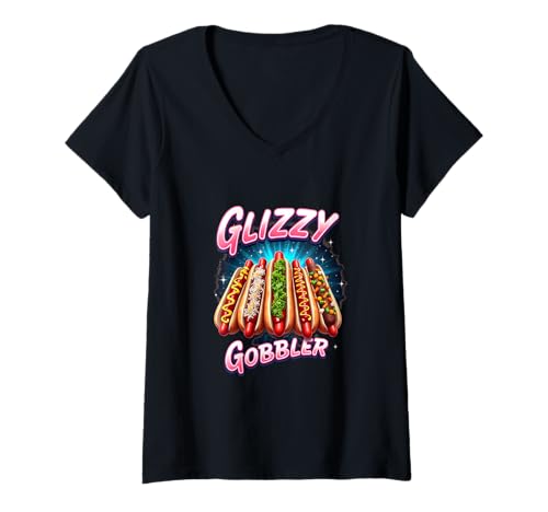 Damen Glizzy Gobbler Lustiger Hotdog-Liebhaber, Sommer T-Shirt mit V-Ausschnitt Damen Glizzy Gobbler Lustiger Hotdog-Liebhaber, Sommer T-Shirt mit V-Ausschnitt von Glizzy Summer Vibes