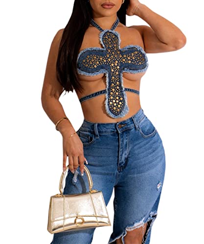 Frauen Y2k Denim Cross Crop Tank Top Sexy Halter Jean Tube Weste Backless Lace Up Cami Camisole Rave Outfit,Blau,S von Glkaend