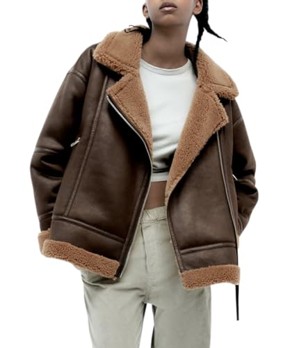 Glkaend Damen Braun Kunstleder Sherpa gefüttert Jacke Winter Warm Shearling Biker Mäntel mit Taschen,Braun,S von Glkaend