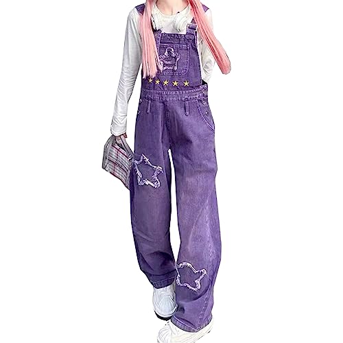 Glkaend Damen Casual Loose Fit Denim Lätzchen Overall Star Print Lila Nette Wide Leg Jeans Overall Overalls,Lila,S von Glkaend