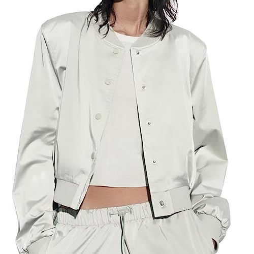 Glkaend Damen Klassische Bomberjacke Cropped Baseball Windbreaker Mantel Oberbekleidung mit Taschen,Silber,M von Glkaend