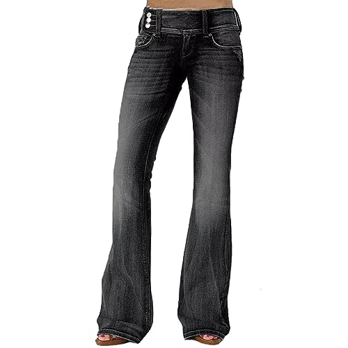 Glkaend Damen Schlaghose Jeans Mit Seitlichem Knopf Und Mittelhohem Bund Stretchy Vintage Flare Jeans,Schwarz,5XL von Glkaend