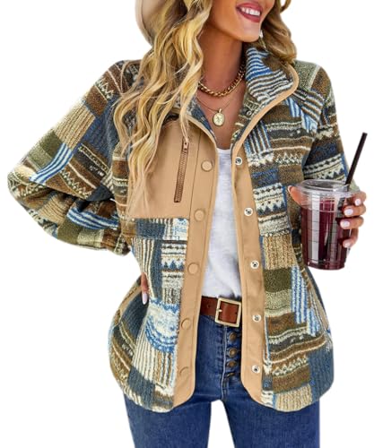 Glkaend Damen Western Aztec Print Jacke Böhmische Flanell Revers Langarm Retro Mantel Outwear,By03,S von Glkaend