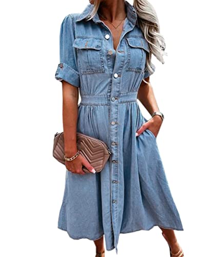 Glkaend Denim Kleid für Frauen Casual Kurzarm Revers Button Down Knie Länge Jean Kleider mit Taschen,Blau,S von Glkaend