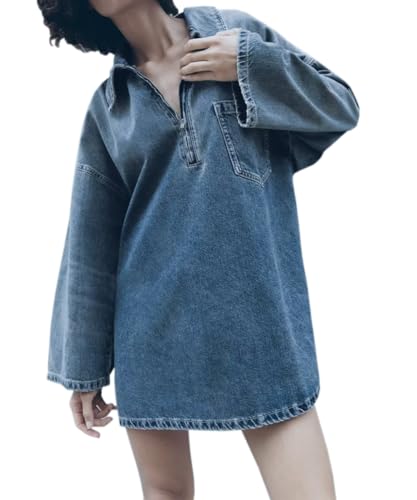 Glkaend Denim Kleider für Frauen Casual Lose Reißverschluss Revers Shirt Langarm Jean Kurzes Kleid mit Tasche,Blau,L von Glkaend