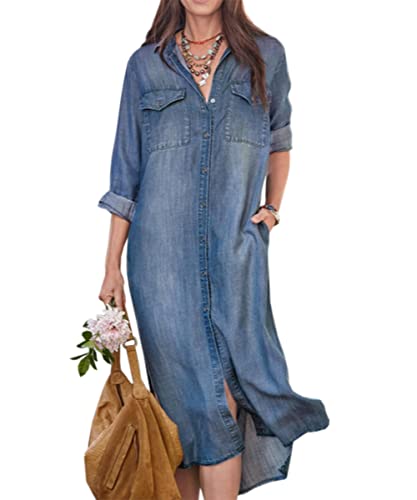Glkaend Frauen Casual Lose Denim Kleid Langarm V-Ausschnitt Knopf Flowy Jean Lange Kleider mit Taschen,Blau,XXL von Glkaend