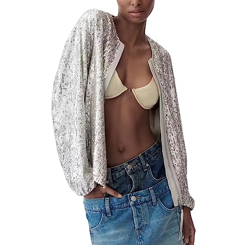 Glkaend Glitter Sparkly Flug Jacke für Frauen Pailletten Langarm Casual Bomberjacke Abend Party Clubwear,Silber,S von Glkaend