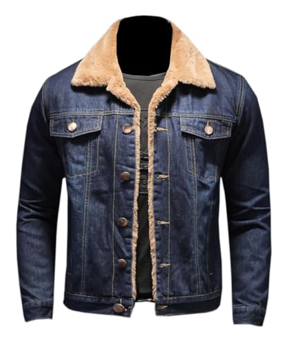 Glkaend Herren Fleece gefüttert Jean Jacke Winter Sherpa Trucker Warm Denim Button Jacke Mantel Outwear,Dark Blue,L von Glkaend