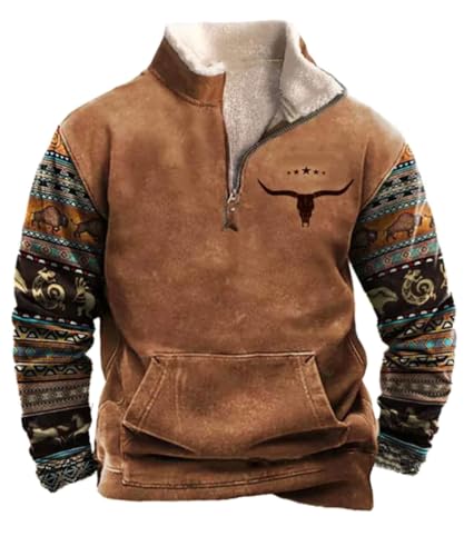 Glkaend Herren Western Aztec Langarm Stehkragen 1/4 Zip Up Sweatshirt Retro gedruckt Pullover,By01,3XL von Glkaend