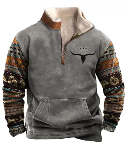 Glkaend Herren Western Aztec Langarm Stehkragen 1/4 Zip Up Sweatshirt Retro gedruckt Pullover,By02,L von Glkaend