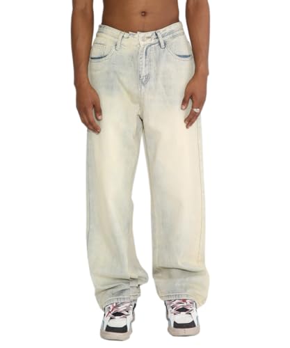 Glkaend Jeans für Männer Vintage Stretch Hohe Taille Relaxed Fit Gerade Lässig Gewaschen Jeans,Beige,L von Glkaend