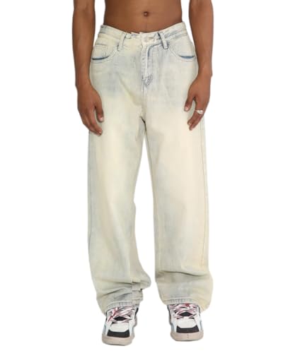 Glkaend Jeans für Männer Vintage Stretch Hohe Taille Relaxed Fit Gerade Lässig Gewaschen Jeans,Beige,M von Glkaend