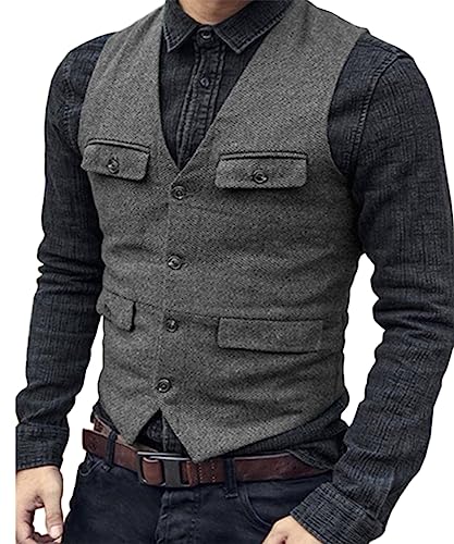 Glkaend Männer Casual Anzug Weste Western Jacke Slim Fit Formale Weste für Hochzeit Groomsmen,Grau,L von Glkaend