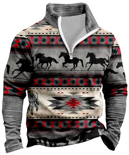 Glkaend Männer Western 1/4 Zip Aztec Sweatshirt Geometrisch Gedruckt Grafik Casual Pullover Tops Sweatshirts,Grau,L von Glkaend