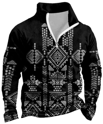 Glkaend Mens 1/4 Half Zip Aztec Cowboy Pullover Vintage Grafik Western Langarm Sweatshirts Tops,Schwarz,L von Glkaend