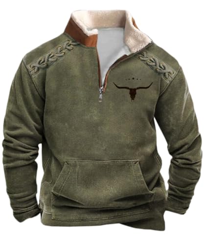 Glkaend Mens Vintage Pullover 1/4 Zip Up Sweatshirt Kuh Schädel Western Aztec Jacke Fall Warm Tops mit Kängurutasche,By01,XXL von Glkaend