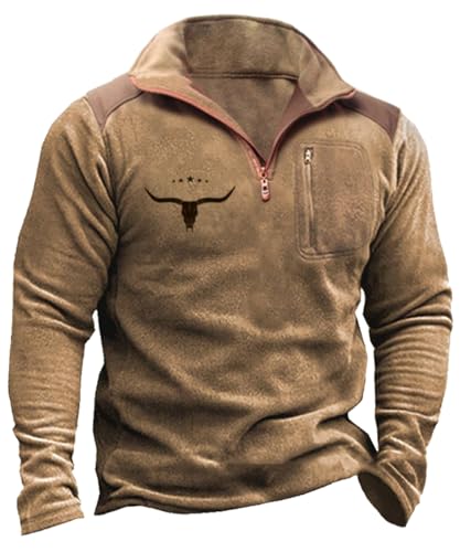 Glkaend Mens Vintage Sweatshirt Pullover Kuh Schädel Grafik 1/4 Zip Up Western Aztec Fall warme Pullover Tops,By01,M von Glkaend