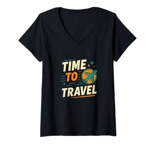 Damen Time to Travel Grafik Lustiges Abenteuer T-Shirt mit V-Ausschnitt Damen Time to Travel Grafik Lustiges Abenteuer T-Shirt mit V-Ausschnitt von Global Explorer Adventure Apparel