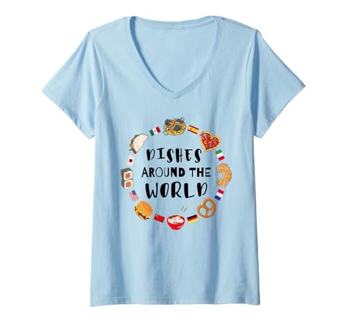 Damen Gerichte auf der ganzen Welt globale Küche Feinschmecker Reisen T-Shirt mit V-Ausschnitt Damen Gerichte auf der ganzen Welt globale Küche Feinschmecker Reisen T-Shirt mit V-Ausschnitt von Global Flavors Culinary Art Food Lover Travel