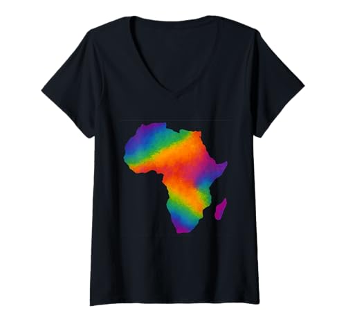 Damen Regenbogen Afrika Kontinent Silhouette Bunt African Pride T-Shirt mit V-Ausschnitt von Global Heritage Apparel