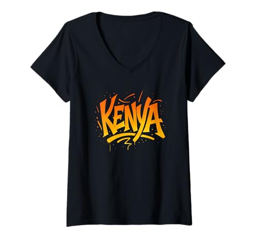 Damen Kenia Graffiti Typografie Spray Urban Design T-Shirt mit V-Ausschnitt Damen Kenia Graffiti Typografie Spray Urban Design T-Shirt mit V-Ausschnitt von Global Street Co.