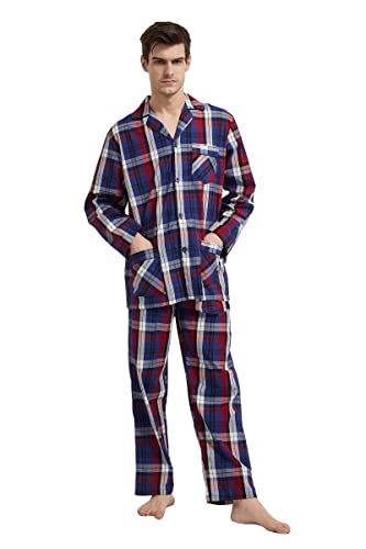 GLOBAL Herren Schlafanzug Lang Zweiteiliger' Pyjamaset Baumwolle Button Down Nachtwäsche Herren Pjs Set Oberteil & Hose Loungewear Nightwear Set Blaues Rotes Gitter M von GLOBAL