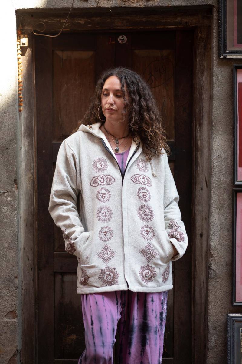 Weiße Chakra Print Jacke | Boho Baumwoll Zip Hoodie Spirituelle Festival Yoga Meditation Mantel Unisex Gefütterte von GlobalEmporium1
