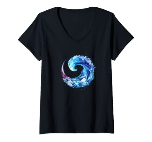 Damen Blauer Wellenkreis, Wasserweg, Surf, Wassermann, Meerjungfrau, Meer T-Shirt mit V-Ausschnitt von Globetrotter and Free Spirits I Star Park Trends