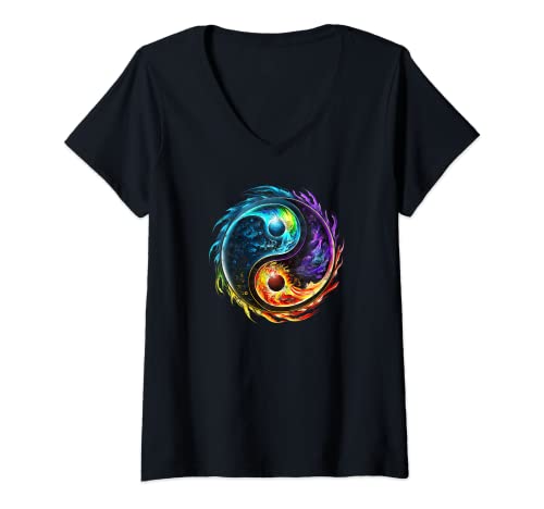 Damen YIN YANG Symbol, Taoismus, Tai Chi, Qi Gong, Polarität, Dualität T-Shirt mit V-Ausschnitt von Globetrotter and Free Spirits I Star Park Trends