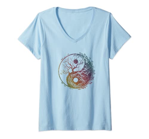 Damen Yin Yang Symbol, Baum des Lebens, Tai Chi, Qigong, Yoga, Taoismus T-Shirt mit V-Ausschnitt von Globetrotter and Free Spirits I Star Park Trends